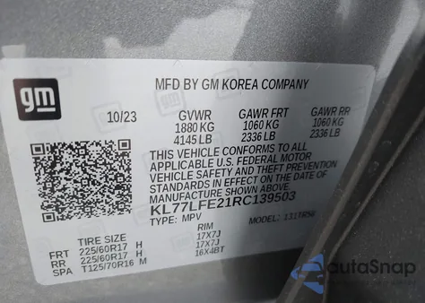 2024 Chevrolet Trax Fwd Sp z USA, uszkodzony, nr VIN KL77LFE21RC139503